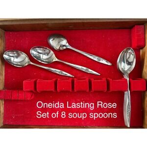 Oneida Lasting Rose Stainless Steel Oval Soup Spoons Set of 8 Floral Vintage MCM